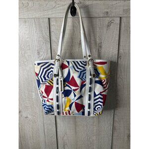Liz Claiborne Handbag Beach Umbrella Print White Handles Red Striped Interior